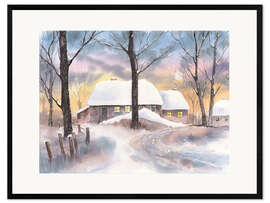 Impression artistique encadrée Ferme en hiver