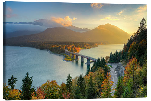 Tableau sur toile Automne au lac Sylvenstein en Bavière