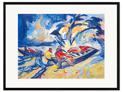 Impression artistique encadrée Bateaux avec des pêcheurs