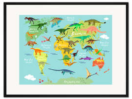 Gerahmter Kunstdruck Dinosaurier-Weltkarte (Englisch)