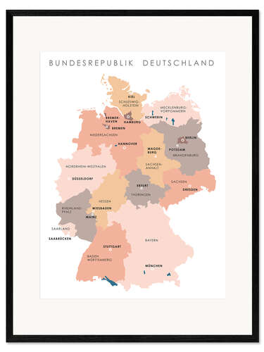 Ingelijste kunstdruk Federal states and capital cities of the federal republic of Germany