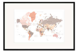 Gerahmter Kunstdruck Moderne Weltkarte in Creme (englisch)