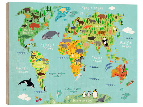 Wood print Animal Worldmap