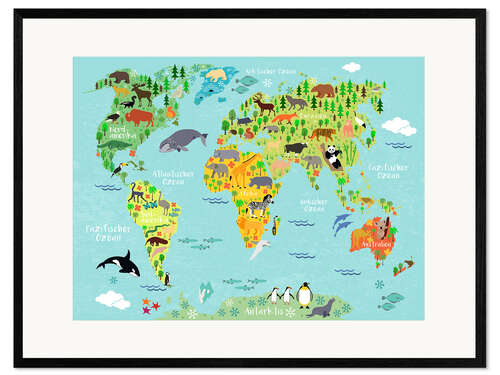 Framed art print World map of animals (German)