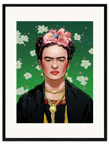 Framed art print Frida Kahlo with gold jewellery