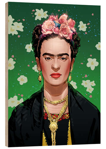 Wood print Frida Kahlo with gold jewellery