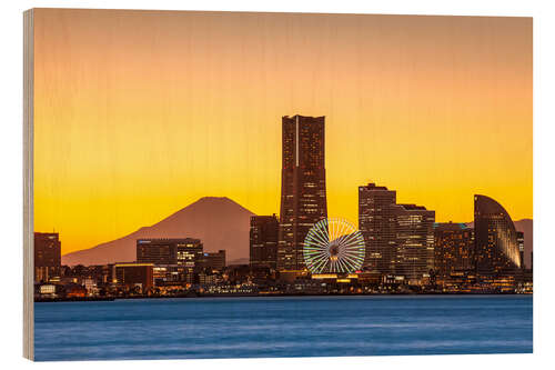 Wood print Yokohama skyline with Berg Fuji