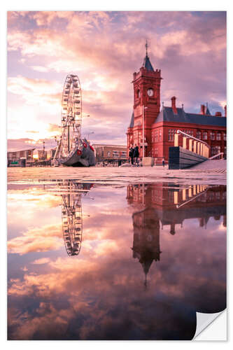 Selvklæbende plakat City Hall in Cardiff at sunset