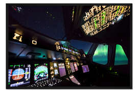 Gerahmter Kunstdruck Airbus A380 Cockpit mit Polarlicht