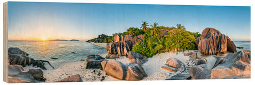 Tableau en bois Coucher de soleil aux Seychelles