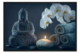 Gerahmter Kunstdruck Buddha-Statue auf grauem Hintergrund