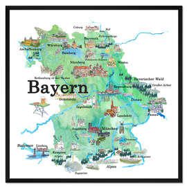 Gerahmter Kunstdruck Bayernkarte mit Sehenwürdigkeiten