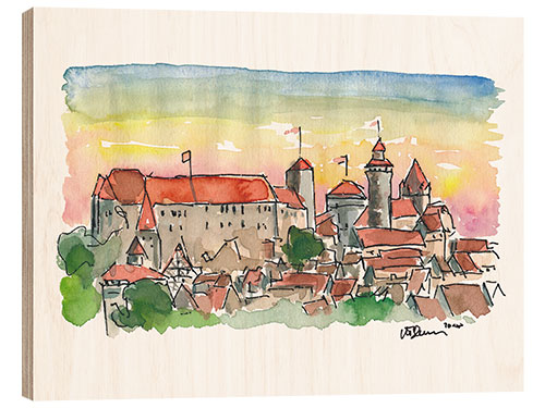 Wood print Nuremberg Imperial Castle at sunset