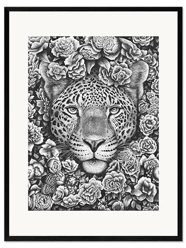 Gerahmter Kunstdruck Jaguar zwischen Blüten