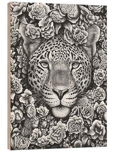 Wood print Jaguar between flowers