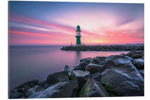 Tableau en plexi-alu Digue ouest du port de Warnemünde au coucher du soleil