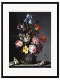 Gerahmter Kunstdruck Blumen in einer Vase mit Muscheln und Insekten