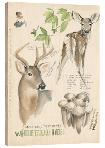 Wood print Whitetailed deer & forest mushrooms