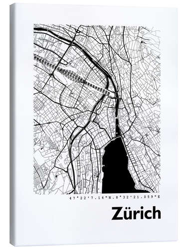 Leinwandbild Stadtplan von Zürich