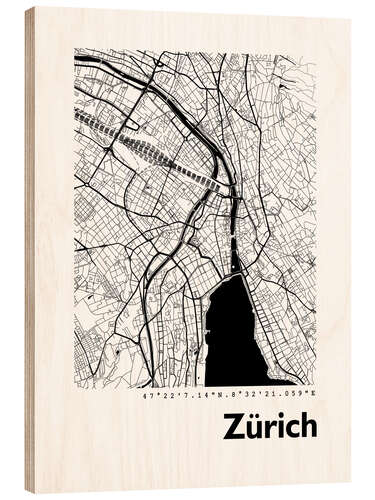 Wood print City map of Zurich