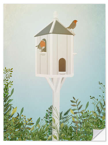 Wandsticker Vogelhaus mit Rotkehlchen