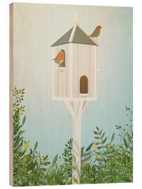 Wood print Birdhouse with Robins