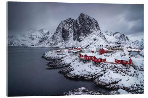 Acrylglas print Rode huizen op de besneeuwde Lofoten