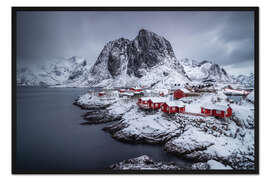 Gerahmter Kunstdruck Rote Häuser auf den verschneiten Lofoten