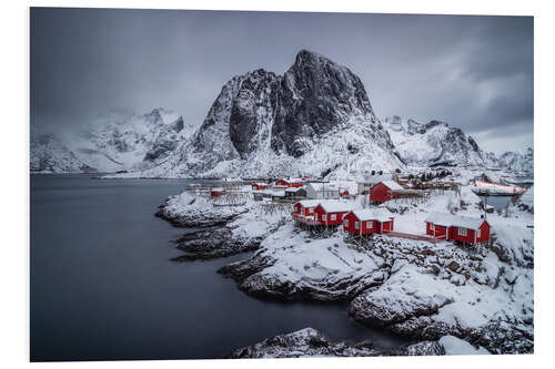 Foam board print Red houses on the snowy Lofoten