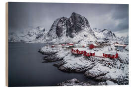 Print på træ Røde huse på det sneklædte Lofoten