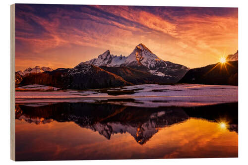 Holzbild Watzmann Spiegelung bei Sonnenuntergang