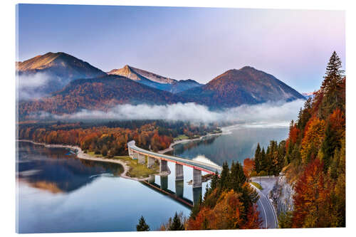 Acrylglasbild Brücke über Sylvensteinsee im Herbst