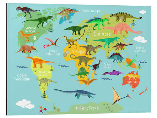 Quadro em alumínio Mapa do mundo com dinossauros (francês)