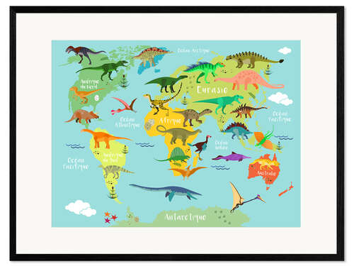 Framed art print World Map with Dinosaurs (French)