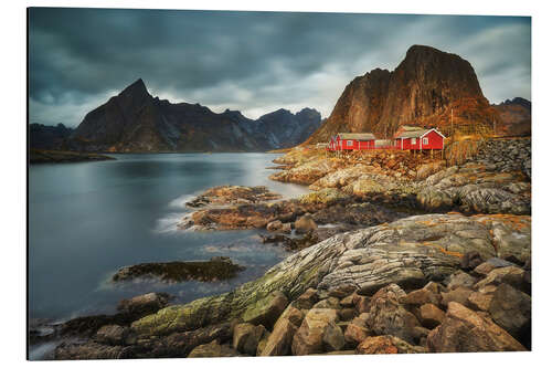 Aluminium print Rode hutten in Lofoten, Noorwegen