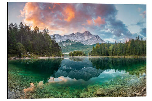 Tableau en aluminium Lever du soleil au lac d'Eibsee et sur la Zugspitze