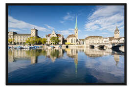 Gerahmter Kunstdruck Zürich mit Stadthaus und Fraumünster