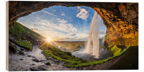 Hout print Seljalandfoss bij zonsondergang, IJsland