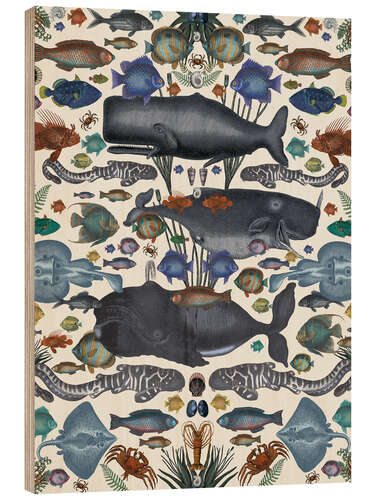 Wood print Whales and other marine animals