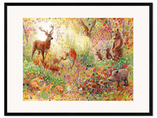 Gerahmter Kunstdruck Verzauberter Herbstwald mit Tieren