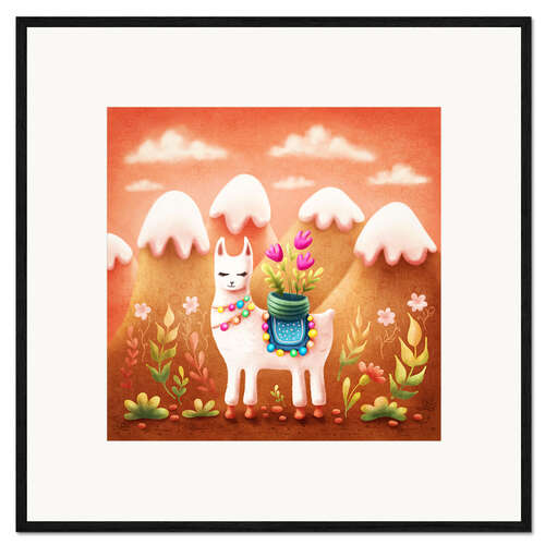 Ingelijste kunstdruk Lama met bloemen