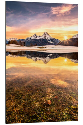 Stampa su alluminio Riflessione di Watzmann nel tramonto