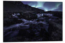 Aluminiumsbilde Northern lights at the waterfall, Iceland