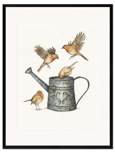 Kehystetty taidepainatus Robins at the watering can