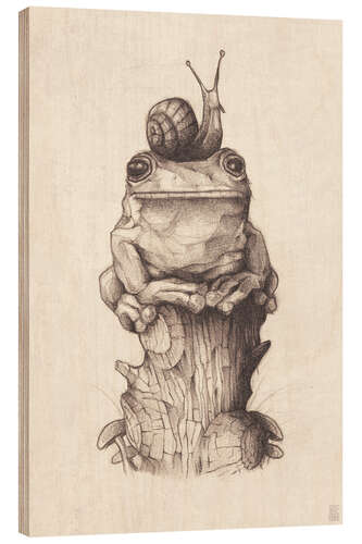 Hout print The frog and the snail, vintage