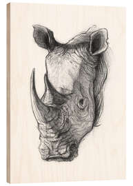 Hout print Rhino portrait, black and white