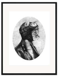 Gerahmter Kunstdruck Pilot Katze Schwarz/Weiß
