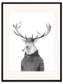Gerahmter Kunstdruck Hirsch mit Pfeife Schwarz/Weiß