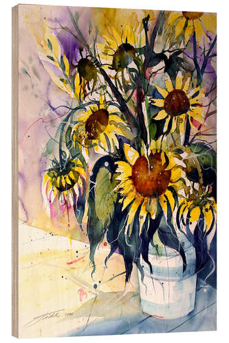 Holzbild Sonnenblumen in Vase