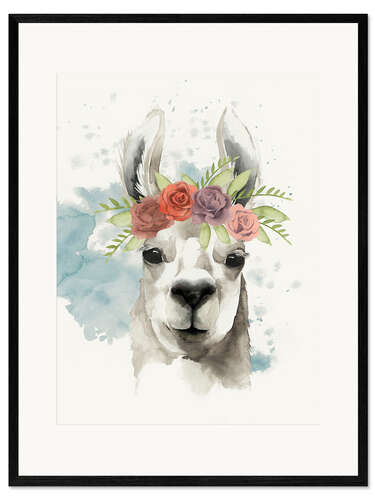 Kehystetty taidepainatus Lama with flower crown I